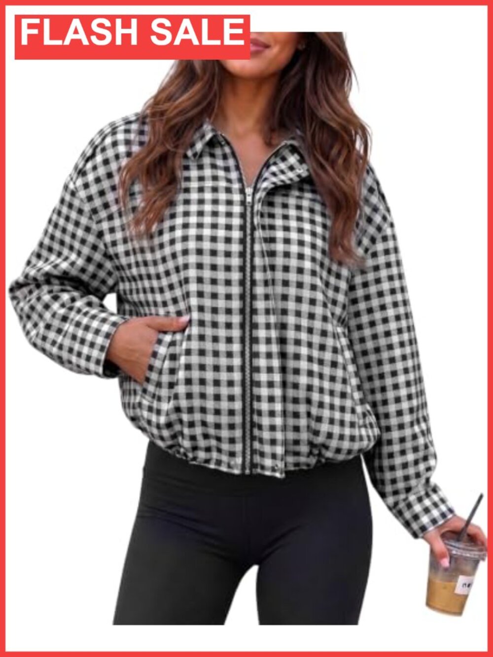 Fisoew Women's Zip Up Checkered Plaid Cropped Oversized Jacket Casual Fall Coat
